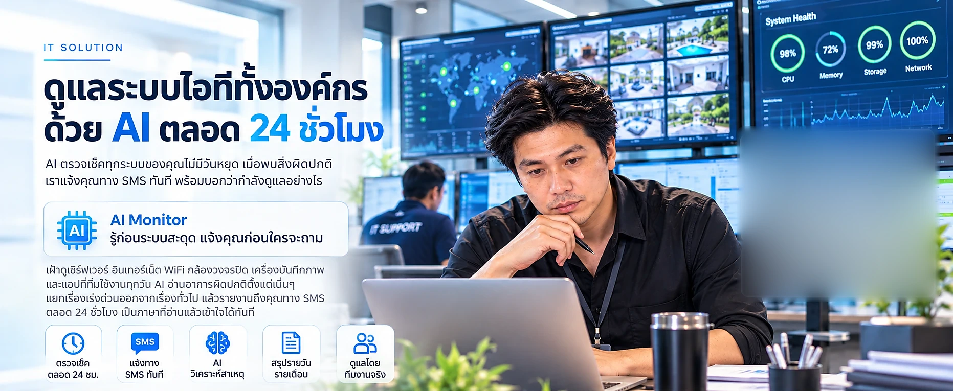 IT Solution — ดูแลระบบไอทีทั้งองค์กรด้วย AI ตลอด 24 ชั่วโมง ทีมงานติดตามสถานะทุกระบบจากหน้าจอ พร้อมการแจ้งเตือนจาก AI