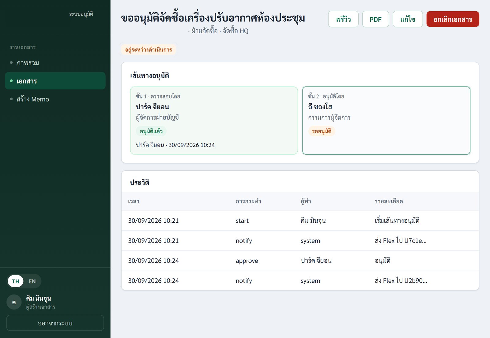 เส้นทางอนุมัติและประวัติของบันทึกข้อความ